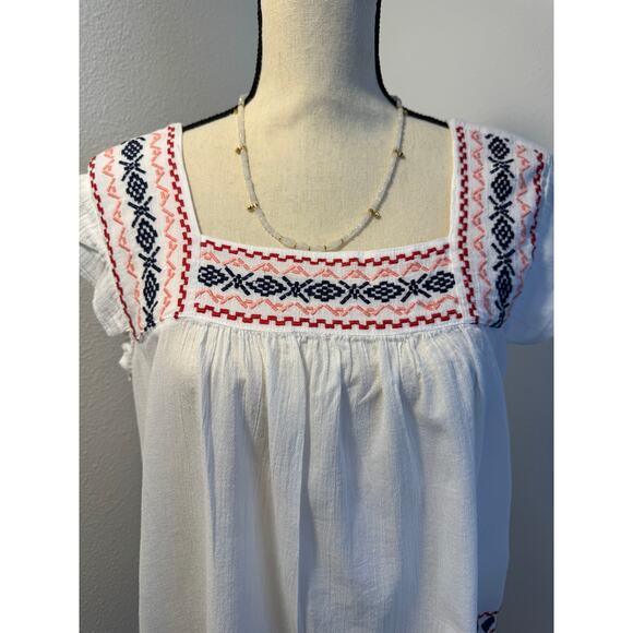 Beach Lunch Lounge White Embroidered Top Cap Sleeve Boho Blouse L Peasant - Picture 1 of 6